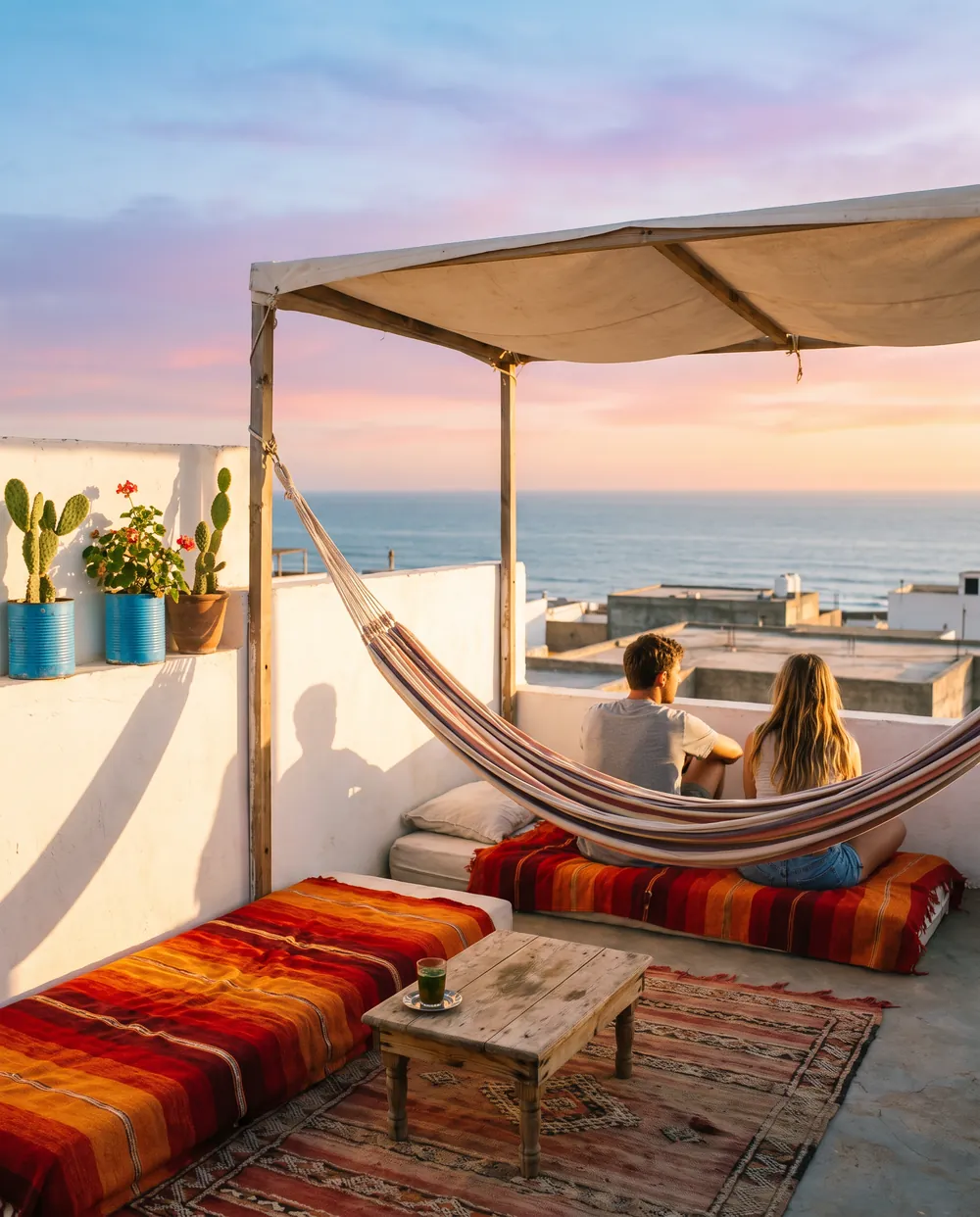 La terrasse d’une auberge de surf au-dessus de l’océan : un hamac rayé, des matelas de laine rouge et orange, et deux voyageurs assis face à la mer.